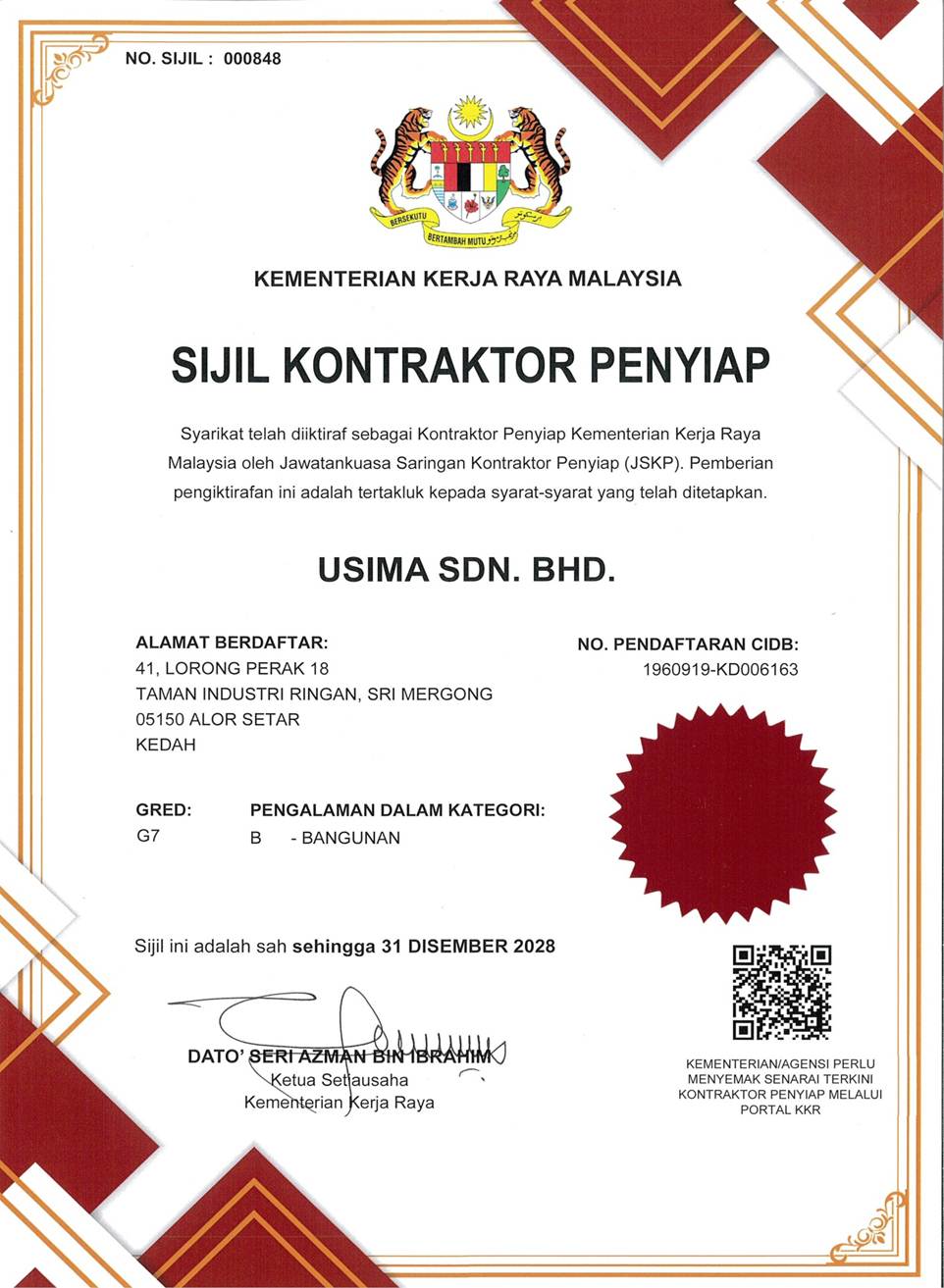 Sijil Pelantikan Rasmi JKR Kontraktor Penyiap 2026–2028